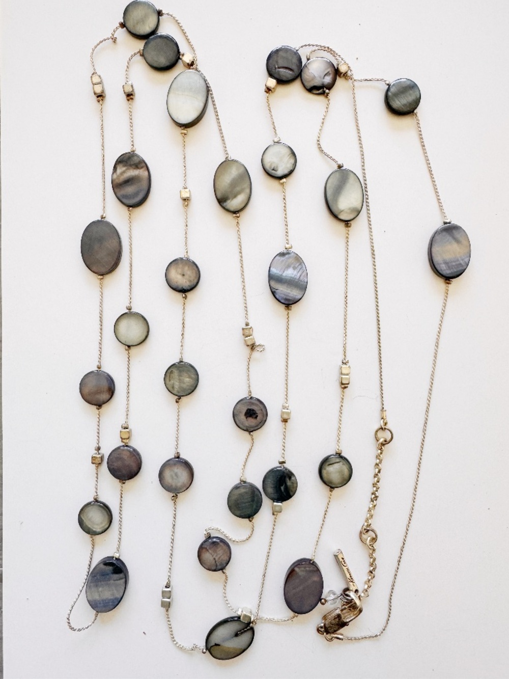 Vintage Kim Rogers Black Shell Station Necklace Long Silver Tone Layering